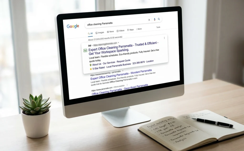 Office cleaning Parramatta suburb page structure example The Moppsters