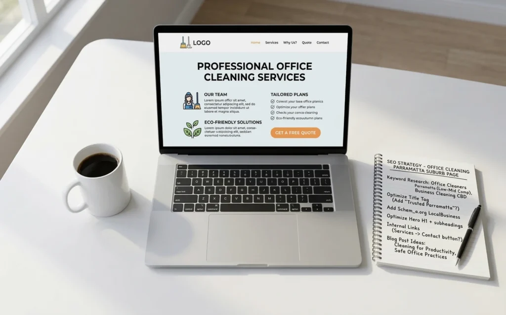 Office cleaning Parramatta suburb page structure example The Moppsters