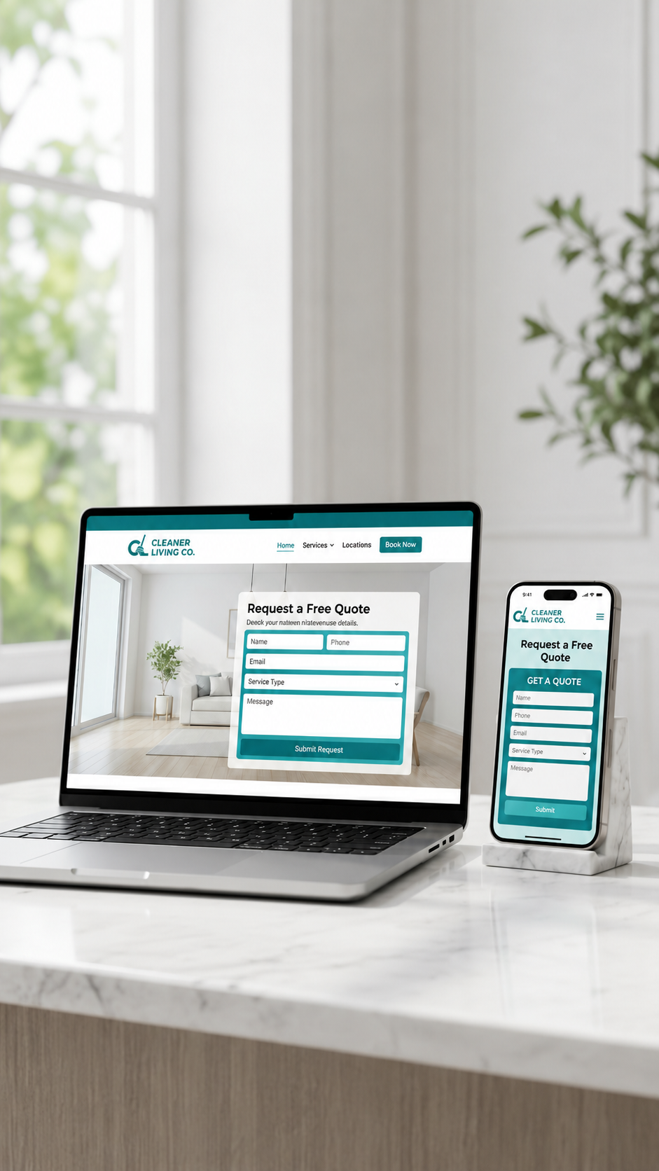 Professional cleaning company website displayed on laptop and mobile devices