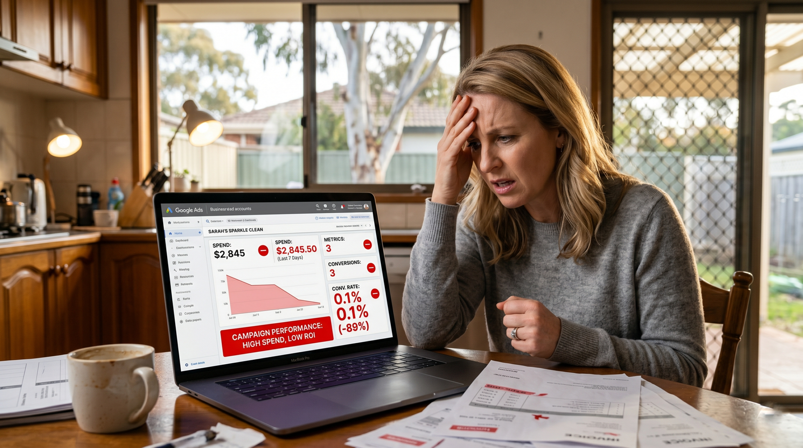 Frustrated cleaning business owner reviewing poor Google Ads results