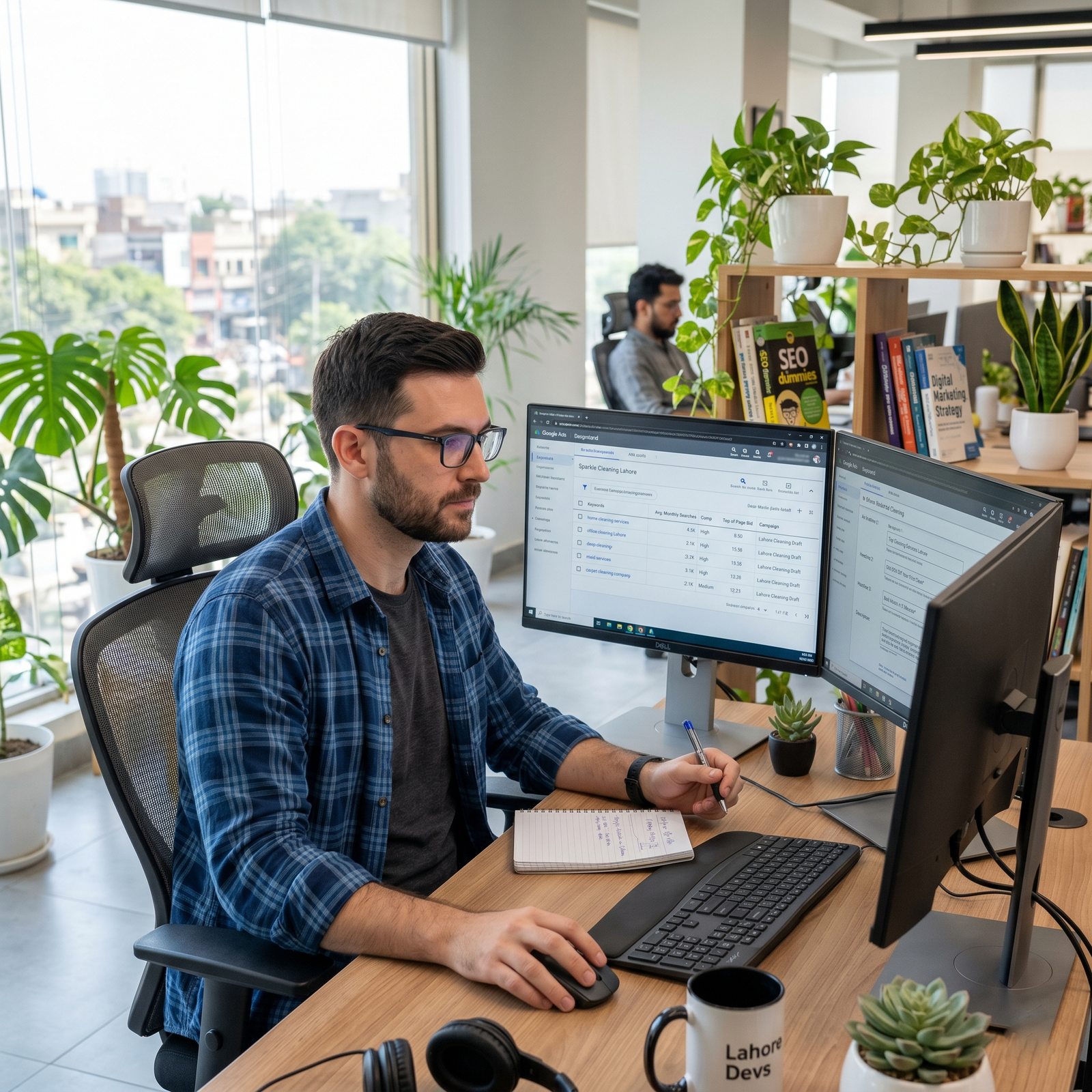 Marketing specialist reviewing cleaning company performance