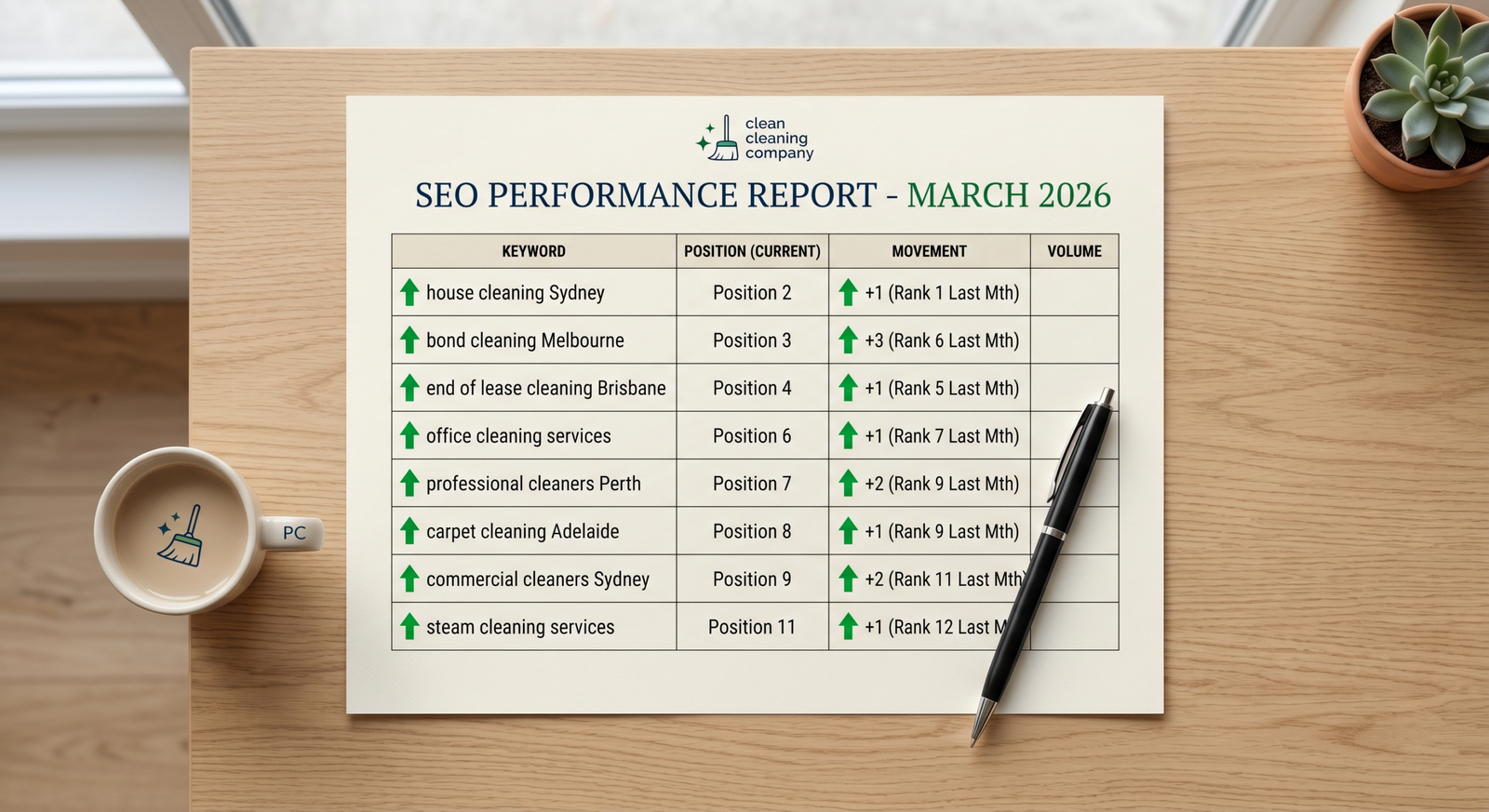 Monthly SEO ranking reports for cleaning company