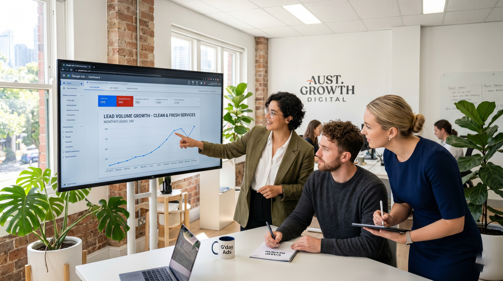 Moppsters cleaning marketing specialists reviewing ad campaign performance